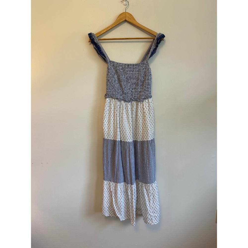 J. Crew Blue and White Striped Dotted Smocked Tiered Midi Dress | Size Small